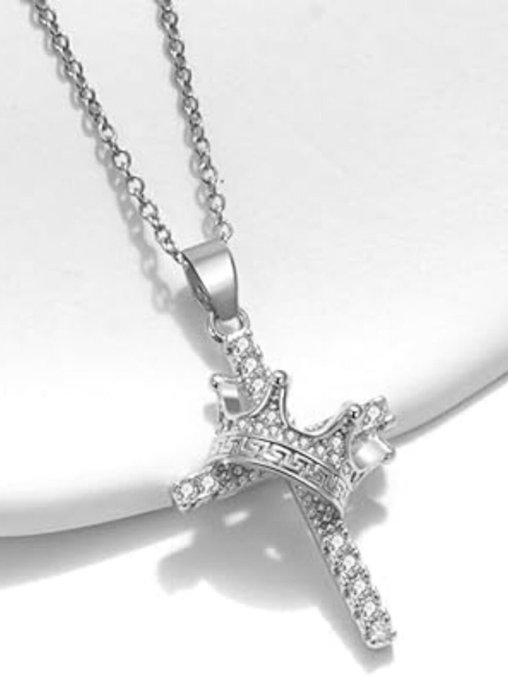 NEW Crown Cross‎ Necklace for Women Silver Zircon Cross Pendant Religious